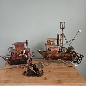 Rustic Metal Ships Music Boxes Plus Wind Mill